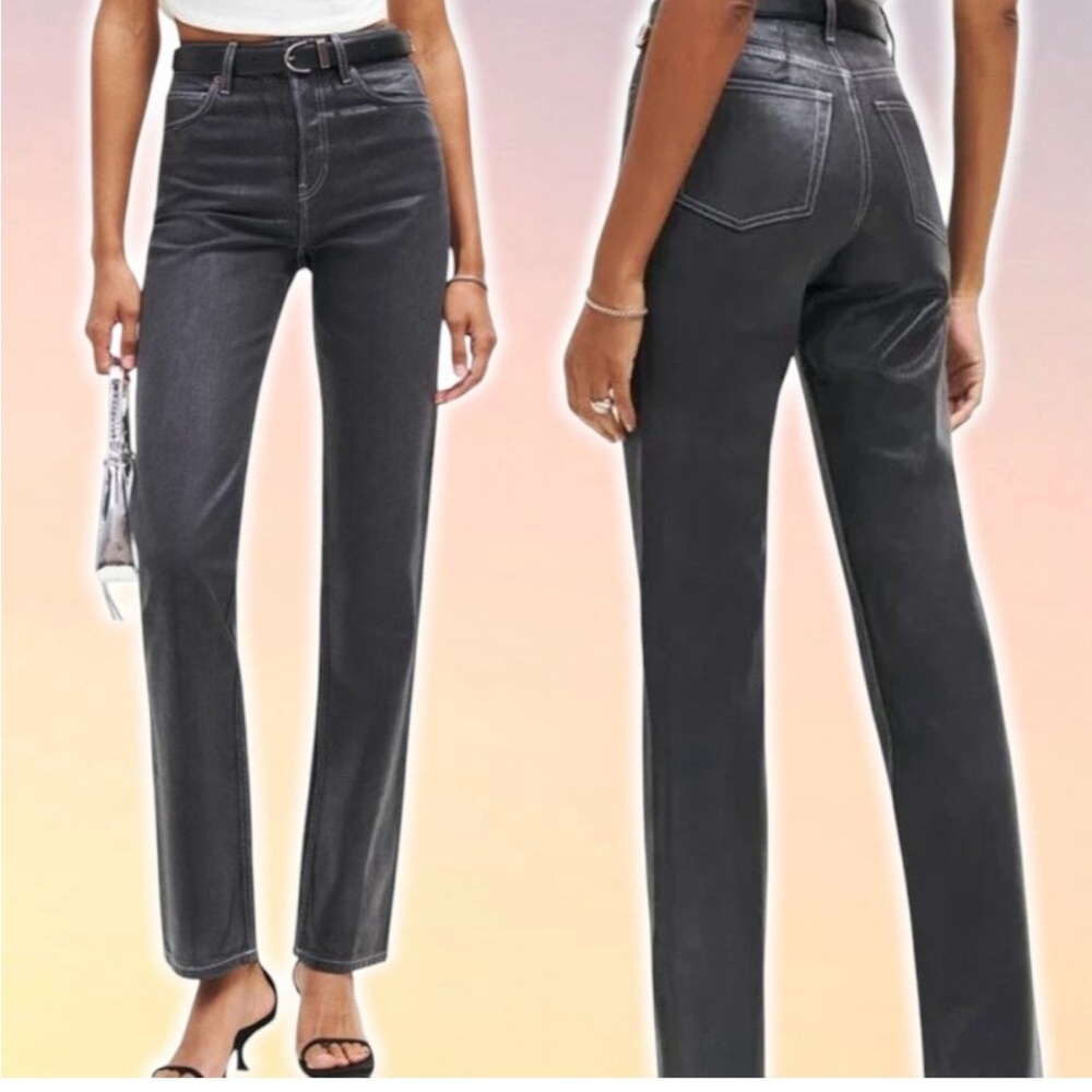 Reformation Cynthia High Rise Straight Long Jeans Glossy Black